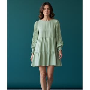 Alice + Olivia Pleated Balloon Sleeve Viscose Tiered Mini Dress Green Size L